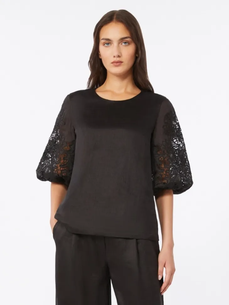 Ramie gauze and broderie anglaise T-shirt - BLACK