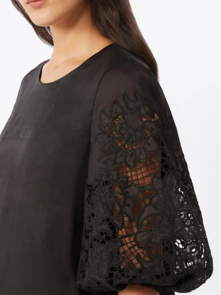 Ramie gauze and broderie anglaise T-shirt - BLACK