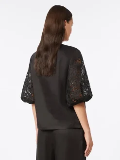 Ramie gauze and broderie anglaise T-shirt - BLACK