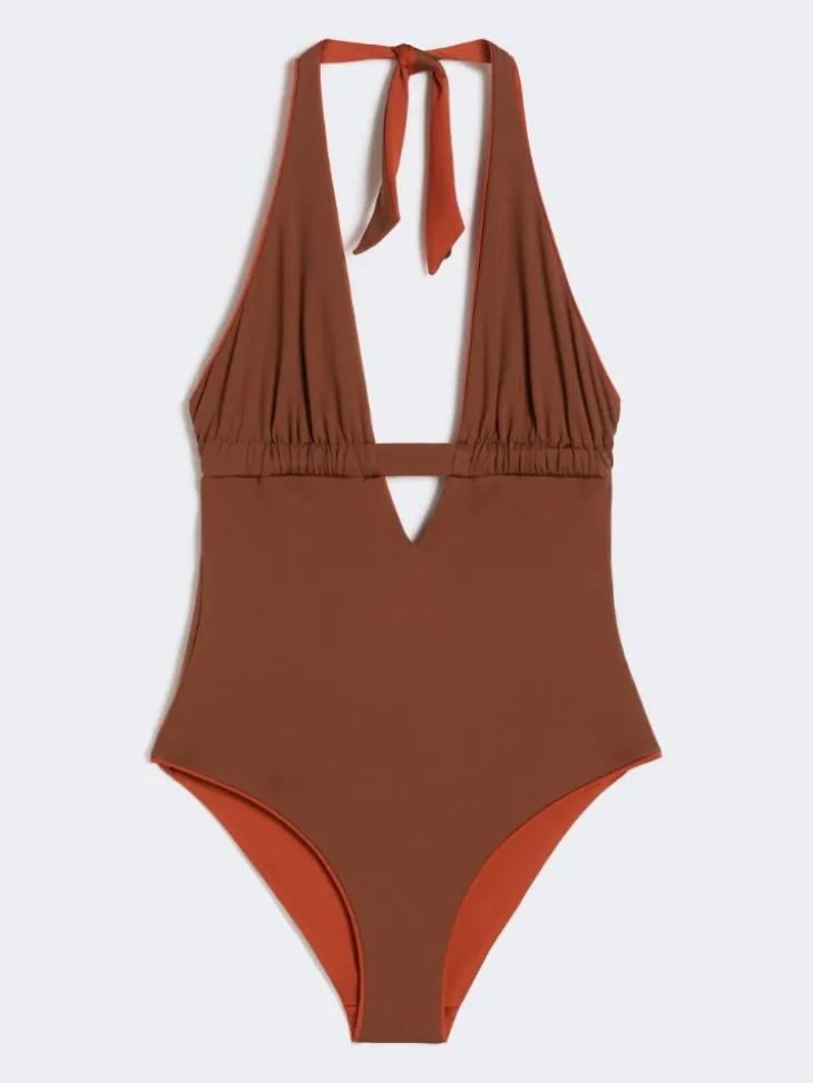 Reversible nylon V-neck swimsuit - CHOCOLATE