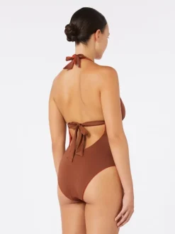 Reversible nylon V-neck swimsuit - CHOCOLATE