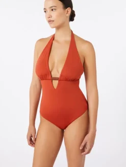 Reversible nylon V-neck swimsuit - CHOCOLATE