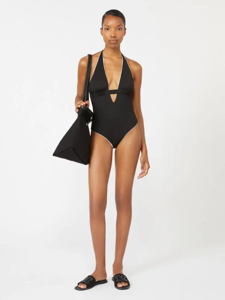 Reversible nylon V-neck swimsuit - BLACK
