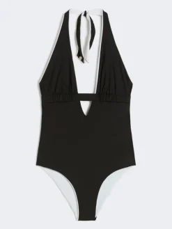 Reversible nylon V-neck swimsuit - BLACK
