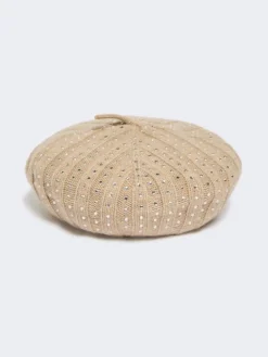 Rhinestone-adorned cashmere beret - SAND
