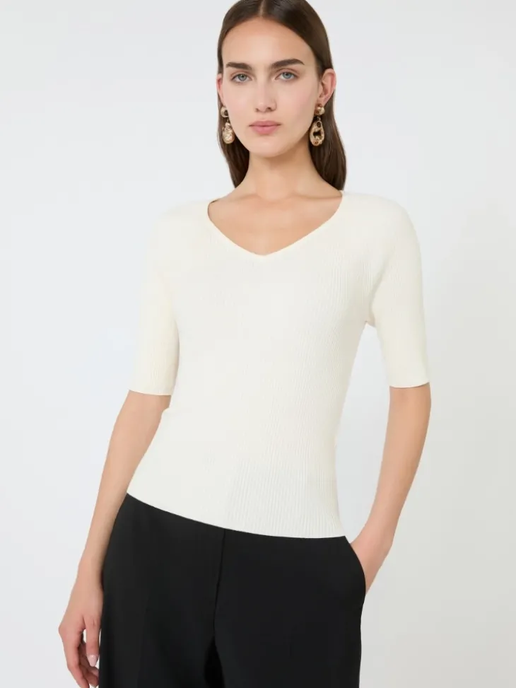 Rib-knit stretch viscose sweater - ECRU