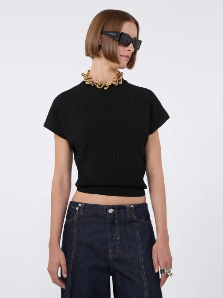 Rib-knit viscose sweater - BLACK