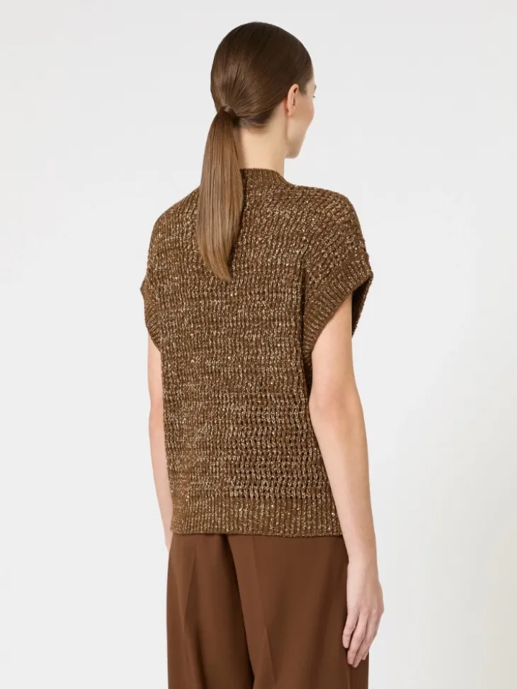 Sequin-adorned mesh-knit cotton sweater - HAZELNUT BROWN