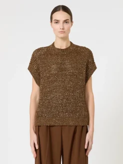 Sequin-adorned mesh-knit cotton sweater - HAZELNUT BROWN