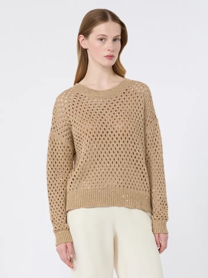 Sequinned cotton boxy sweater - CAMEL
