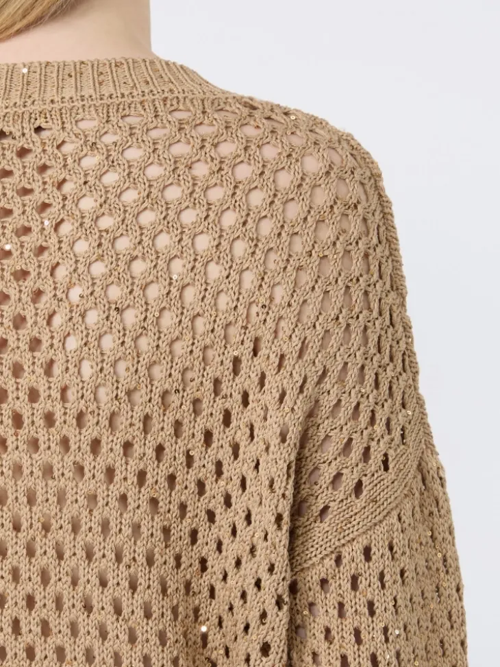 Sequinned cotton boxy sweater - CAMEL