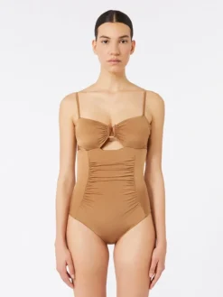 Shiny jersey bandeau swimsuit - CAMEL