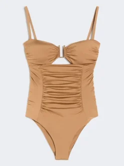 Shiny jersey bandeau swimsuit - CAMEL