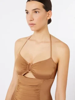 Shiny jersey bandeau swimsuit - CAMEL