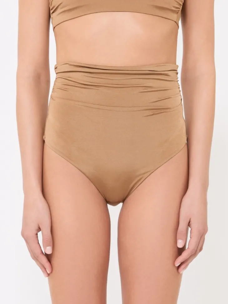 Shiny jersey culotte-style bikini bottoms - CAMEL
