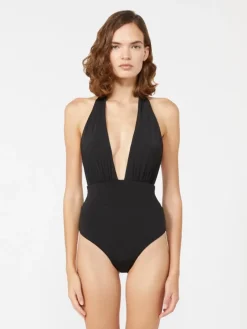 Shiny jersey halter swimsuit - BLACK