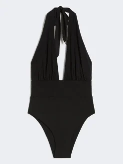 Shiny jersey halter swimsuit - BLACK
