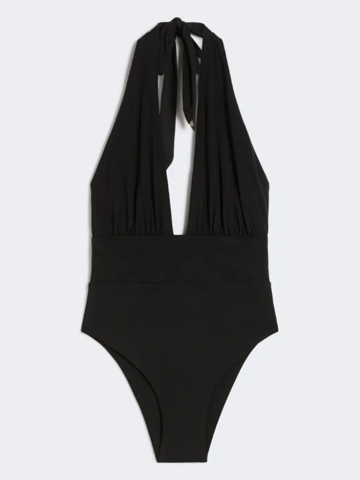 Shiny jersey halter swimsuit - BLACK