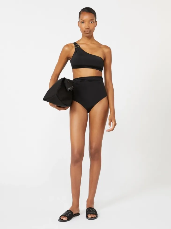 Shiny jersey one-shoulder bikini top - BLACK