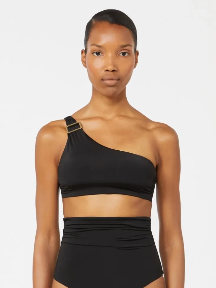 Shiny jersey one-shoulder bikini top - BLACK