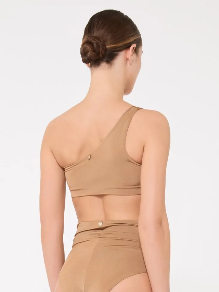 Shiny jersey one-shoulder bikini top - CAMEL