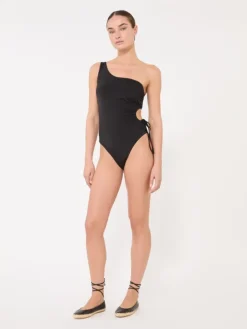 Shiny jersey one-shoulder swimsuit - BLACK