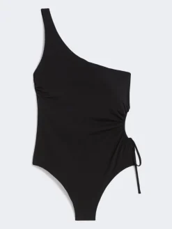 Shiny jersey one-shoulder swimsuit - BLACK