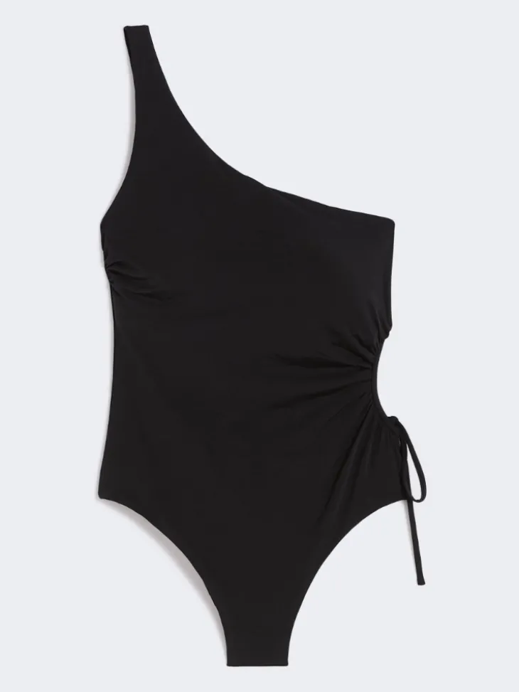 Shiny jersey one-shoulder swimsuit - BLACK