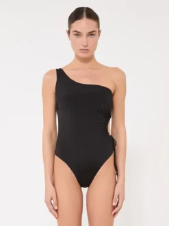Shiny jersey one-shoulder swimsuit - BLACK
