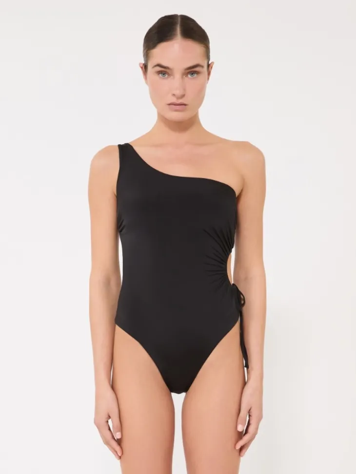 Shiny jersey one-shoulder swimsuit - BLACK