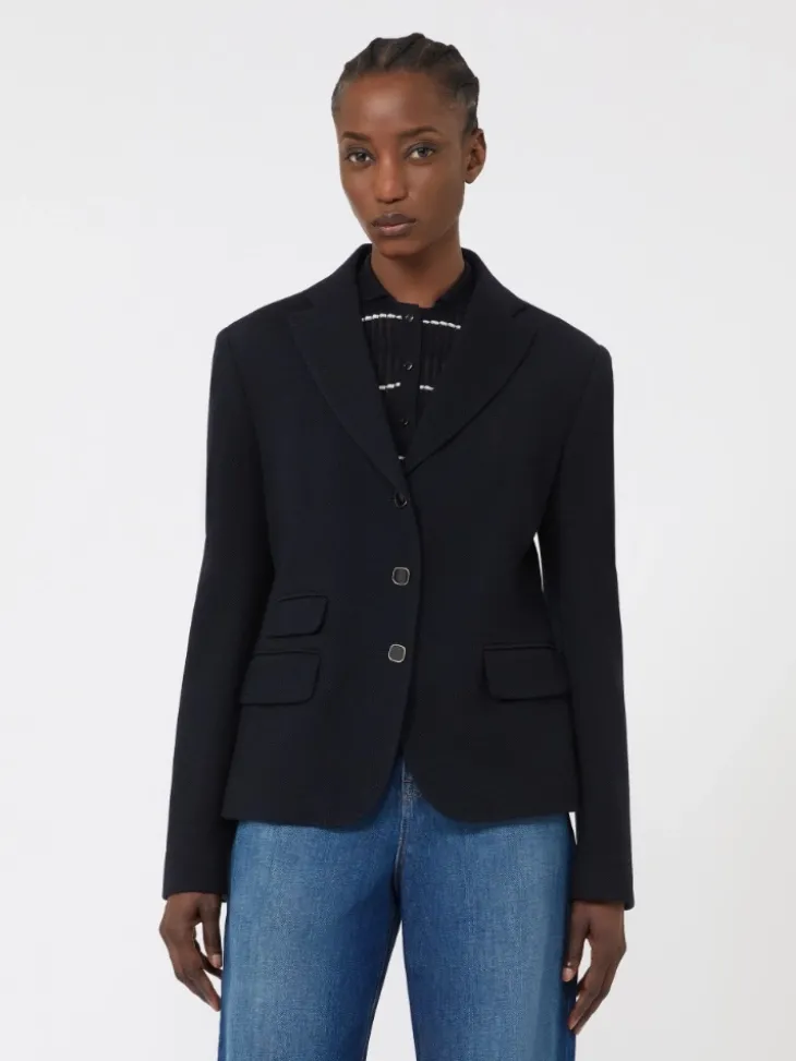 Single-breasted piqué jersey jacket - NAVY