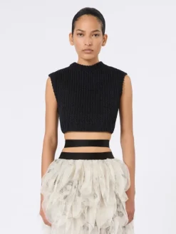 Sleeveless cropped jumper in smooth cotton - BLACK