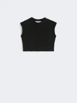 Sleeveless cropped jumper in smooth cotton - BLACK