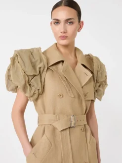 Sleeveless duster coat in linen basketweave with ruffles - CAMEL