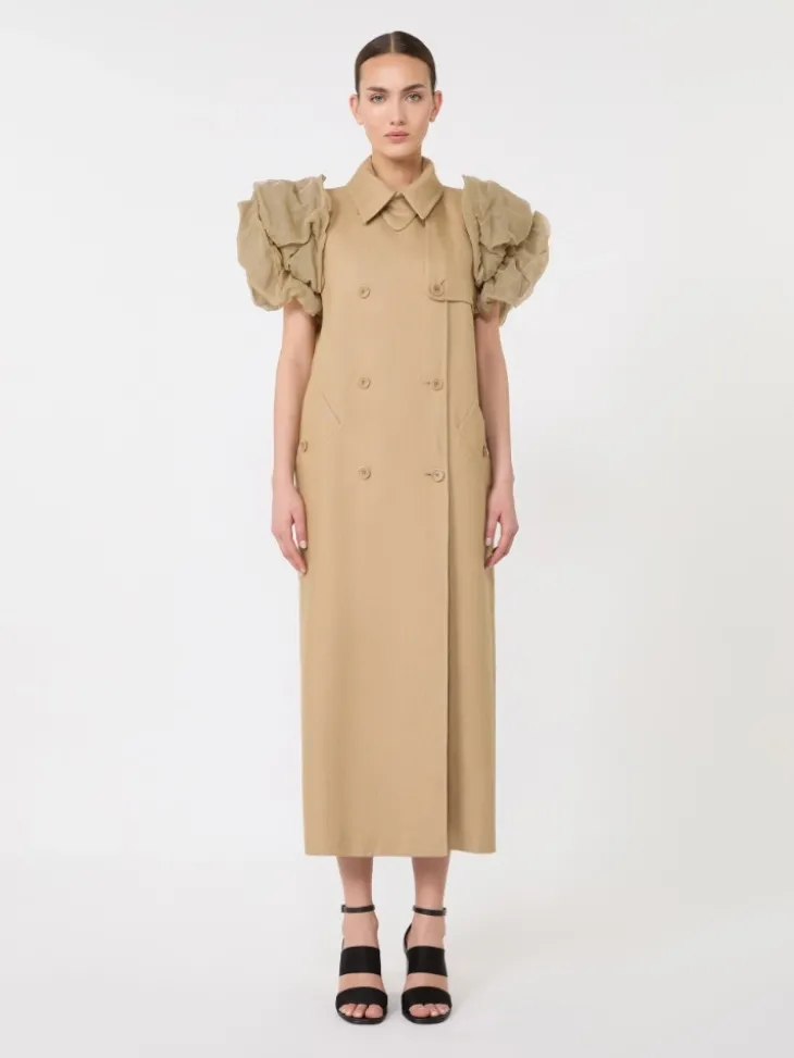 Sleeveless duster coat in linen basketweave with ruffles - CAMEL