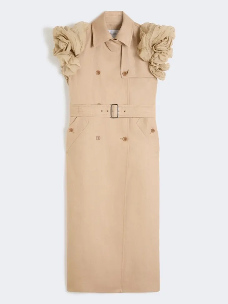 Sleeveless duster coat in linen basketweave with ruffles - CAMEL