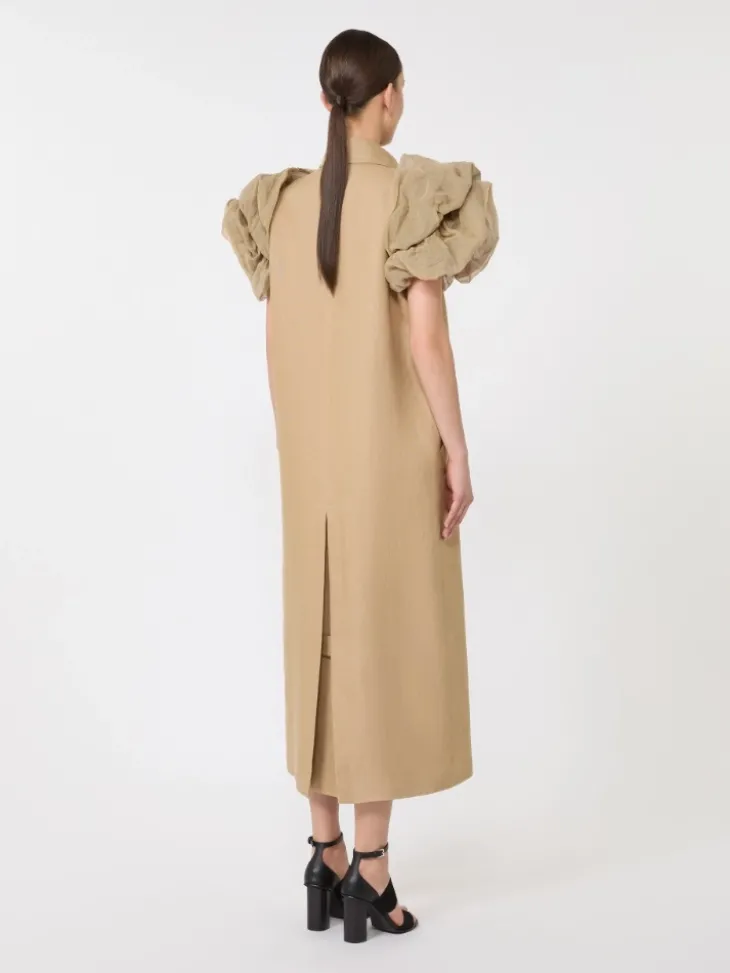 Sleeveless duster coat in linen basketweave with ruffles - CAMEL