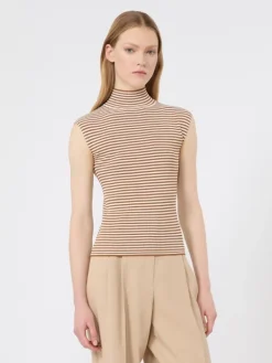 Sleeveless viscose crepe polo-neck sweater - CARAMEL