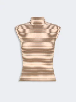 Sleeveless viscose crepe polo-neck sweater - CARAMEL