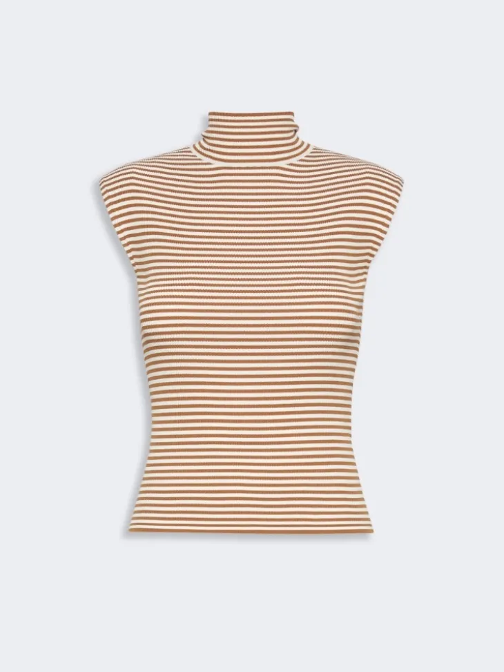 Sleeveless viscose crepe polo-neck sweater - CARAMEL