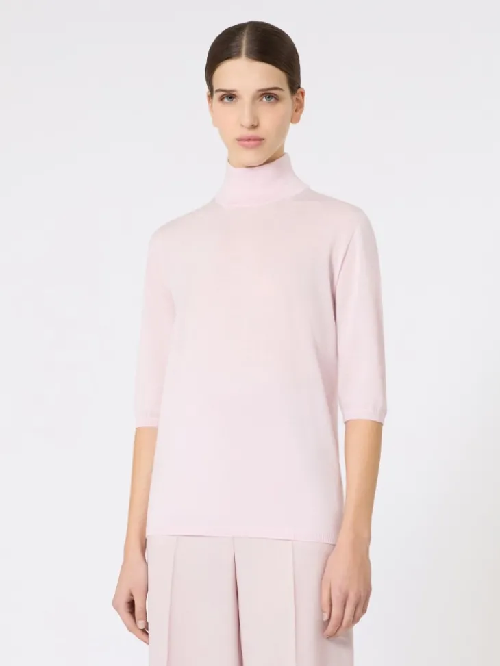 Stockinette-stitched wool polo-neck sweater - PINK