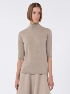 Stockinette-stitched wool polo-neck sweater - BROWN