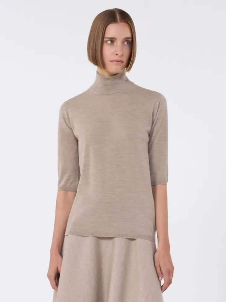 Stockinette-stitched wool polo-neck sweater - BROWN