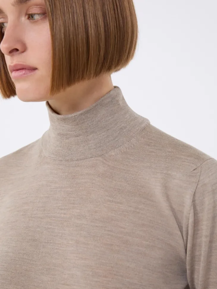 Stockinette-stitched wool polo-neck sweater - BROWN