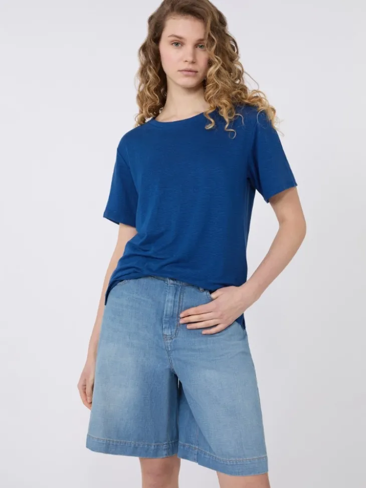 Stretch linen jersey basic T-shirt - OCEAN
