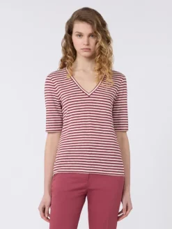 Stretch linen jersey V-neck T-shirt - CHERRY