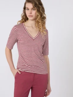 Stretch linen jersey V-neck T-shirt - CHERRY