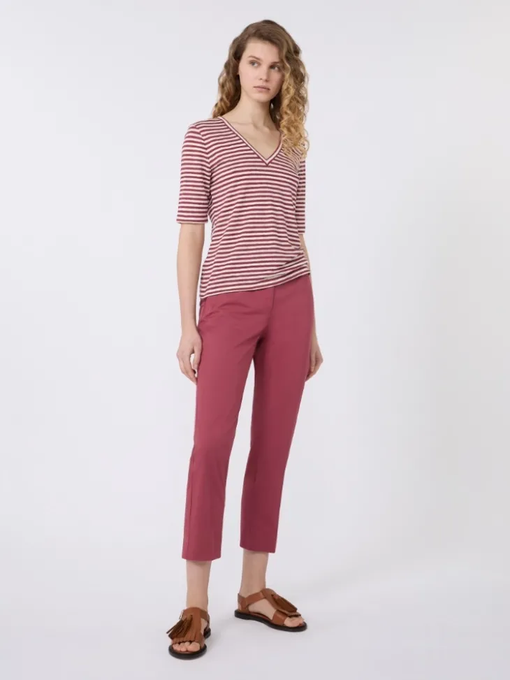 Stretch linen jersey V-neck T-shirt - CHERRY