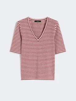 Stretch linen jersey V-neck T-shirt - CHERRY