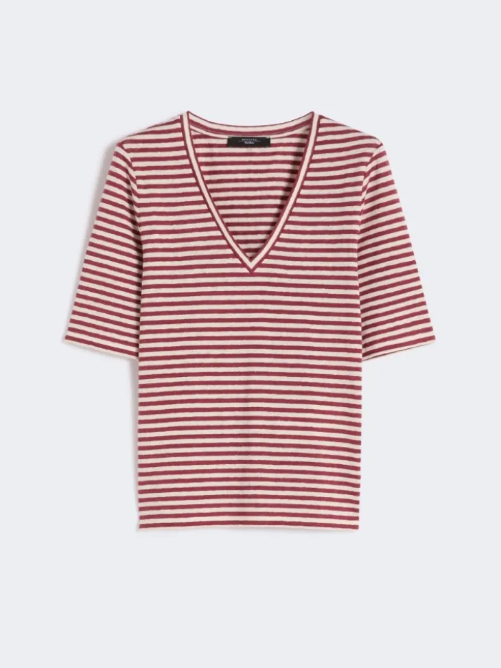 Stretch linen jersey V-neck T-shirt - CHERRY